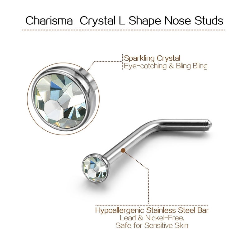 Charisma Small Nose Studs Stainless Steel Curved Nose Stud Bend L Shape Nose Ring Screw Piercing Jewelry Tiny Bone Studs for Women Men Hypoallergenic 20G (10pcs,Clear CZ, L-shape,1.8mm) - Image 3